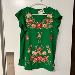 Savannah Green Floral Embroidered Top